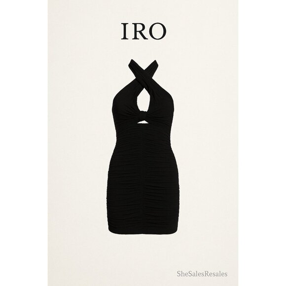 IRO Paris Oxanne Black Mini Dress Size 32 Twisted Halter Ruched Front Bodycon 2 - Picture 1 of 7